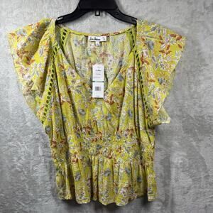Sam Edelman NEW Women Blouse Smock Top Lg Green Apple Nyra Floral Flutter Sleeve